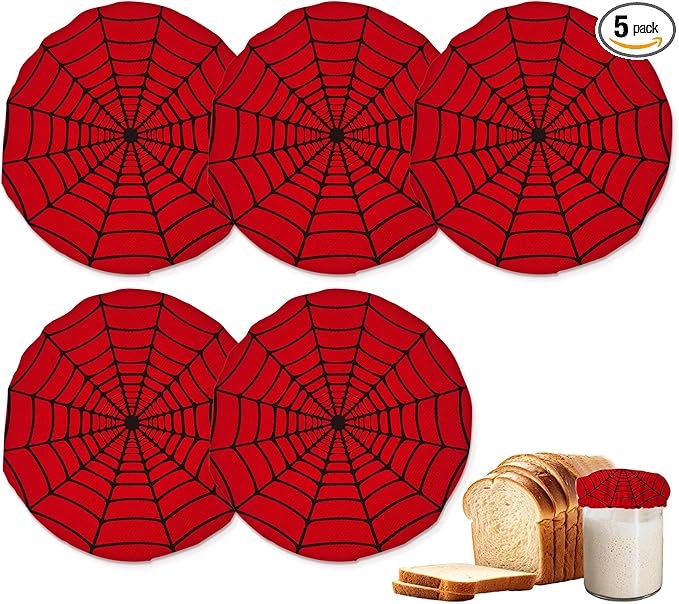Sourdough Starter Jar Covers,5-Pack Reusable Spider Web Red Cloth Lids for 3-4 Inch Jars,Ideal for Kombucha Kefir or Cheese Fermentation