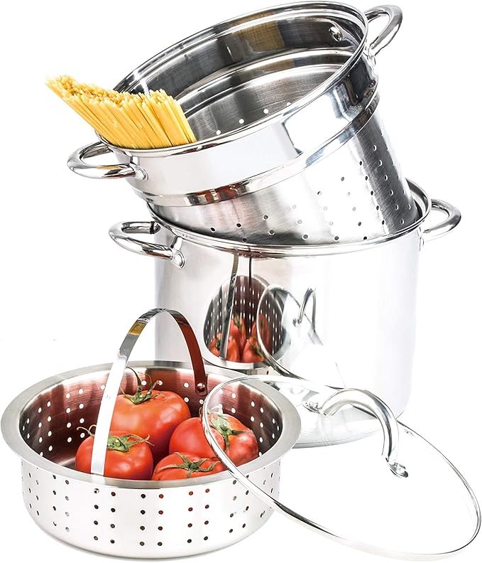 Culinary Edge Stainless Steel 8-Quart Nonstick 4-Piece Multi-Cooker with Steamer and Pasta Pot Cookware Set