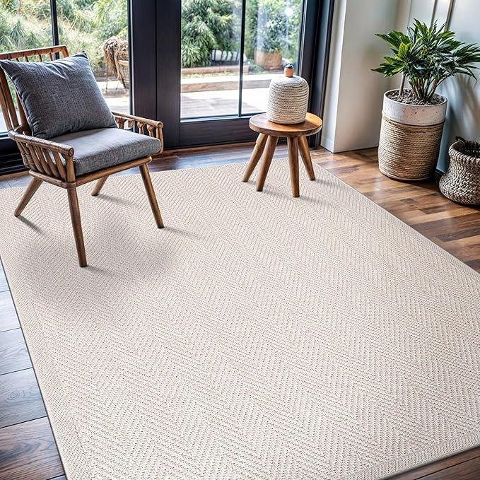 CAMILSON Easy Jute Rug 10x14, Indoor Outdoor Off-White Color Fiber Area Rugs for Living Room and Patio Rug Herringbone Boho Woven Design Easy-Cleaning Washable Outside Carpet Alfombras 10 x 14
