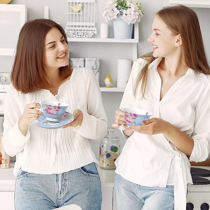 London Boutique Tea Cup and Saucer Set 2 Afternoon Tea Set New Bone China Vintage Flora Gift Box 200m (Blue)