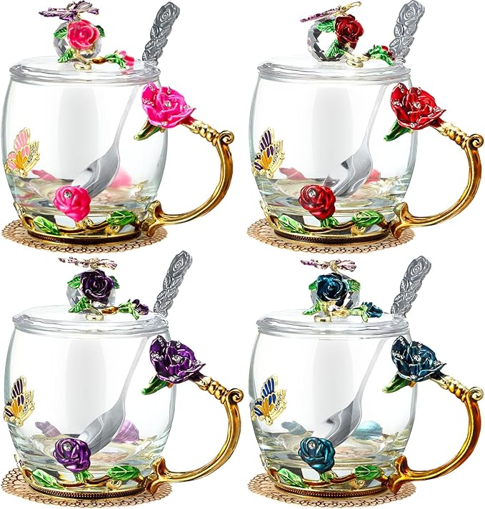 Nuanchu 4 Sets Flower Glass Tea Cups with Lids and Spoon Butterfly Vintage Glass Coffee Mugs Floral Fancy Clear Teacup for Christmas Women Mom Wife Girlfriend(Pink, Purple, Blue, Red,11 oz)