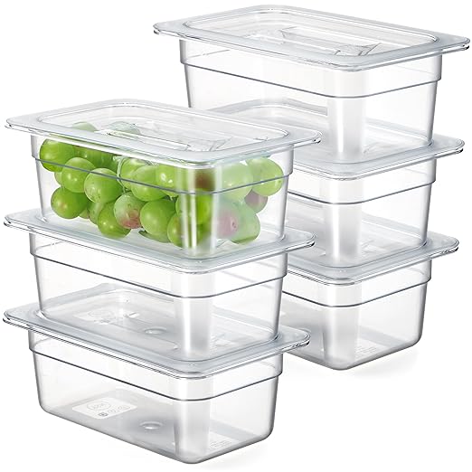 CURTA 6-Pack 1/4 Size 4" Deep NSF Polycarbonate Food Pans with Handled Lids & Drain Trays | Dishwasher & Freezer Safe Clear Container for Prep Tables, Buffet, Salad Bar, Commercial Kitchen