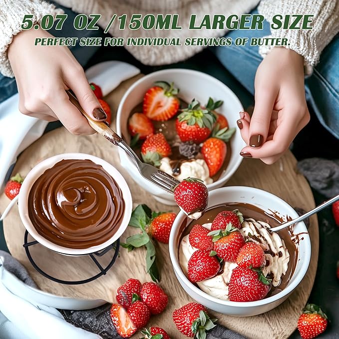 4Pcs Fondue Pot Set for Chocolate Butter Cheese, 5oz Butter Warmer for Seafood with 20 Tealight, Ceramic Bowl Oven Microware Dishwasher Safe,Perfect for family dip Fruit,Dessert,Snack