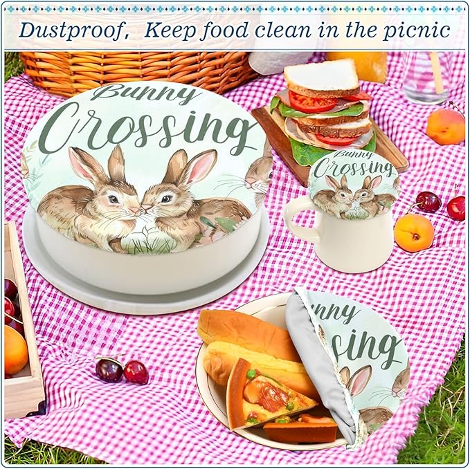 5 Pcs Bowl Covers Reusable in 5 Size Elastic Food Cover Cloth Lids Fresh Keeping Dish Cookware Bakeware Fabric Covers Lids for Food Leftovers Fruits Storage Easter Bunny Flowers Plant