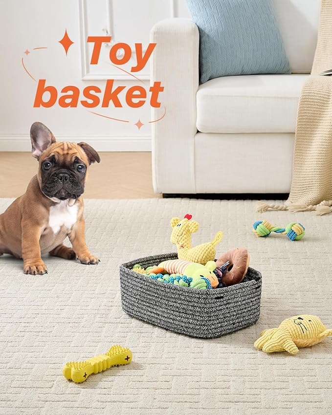 Small Woven Basket, 12 x 8 x 4.5 Inches, Storage Basket for Organizing, Cute Small Rope Shelf Closet Cube Storage Bins Baskets for Shelves, Dog Toy Gift Baskets Empty, 3 Pack Mixed Black