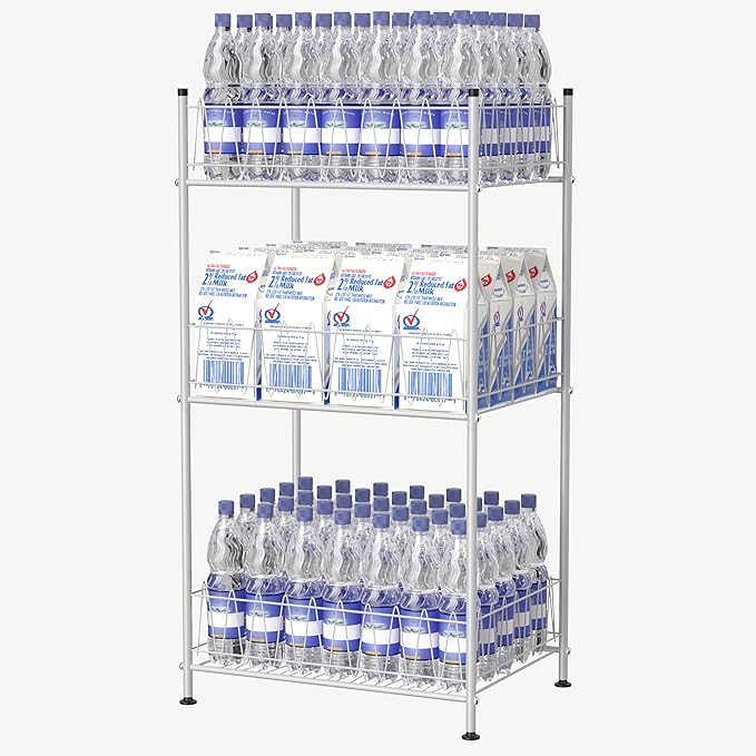 Water Bottle Organizer 3 Tier Vertical Bottled Water Holder Freestanding Metal Drink Storage Shelf Beverage Can Rack, Kitchen Pantry Tumbler Cup Organizer for Floor, Silver