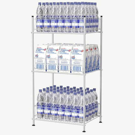 Water Bottle Organizer 3 Tier Vertical Bottled Water Holder Freestanding Metal Drink Storage Shelf Beverage Can Rack, Kitchen Pantry Tumbler Cup Organizer for Floor, Silver