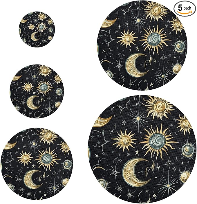 5 Pcs Bowl Covers Reusable in 5 Size Elastic Food Cover Cloth Lids Fresh Keeping Dish Cookware Bakeware Fabric Covers Lids for Food Leftovers Fruits Storage Star Moon Sun Constellation Blac