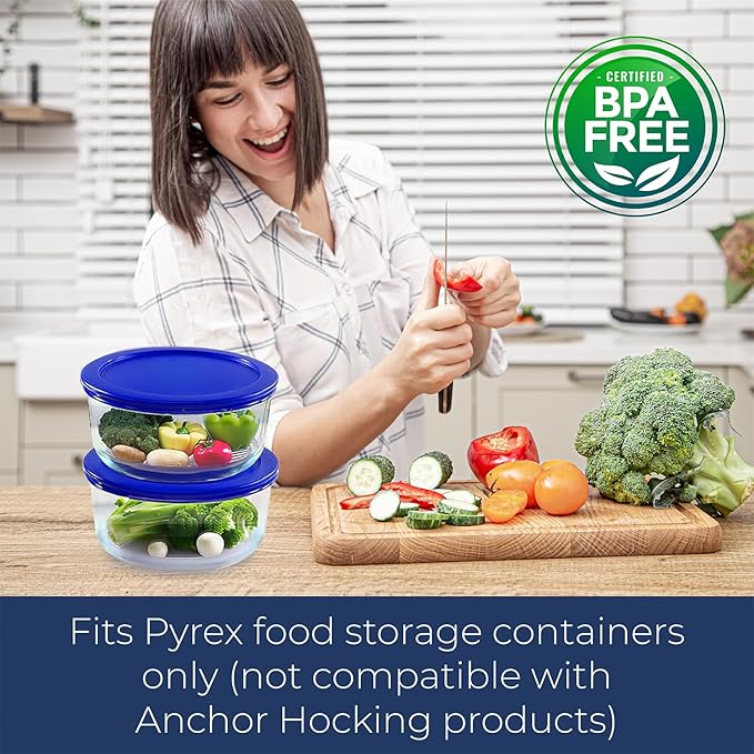 Replacement Lids for Pyrex Containers Round Glass Food Plastic - (2) 2-Cup Orange, (2) 4-Cup Teal, (2) 7-Cup Blue - BPA-Free, Dishwasher & Microwave Safe