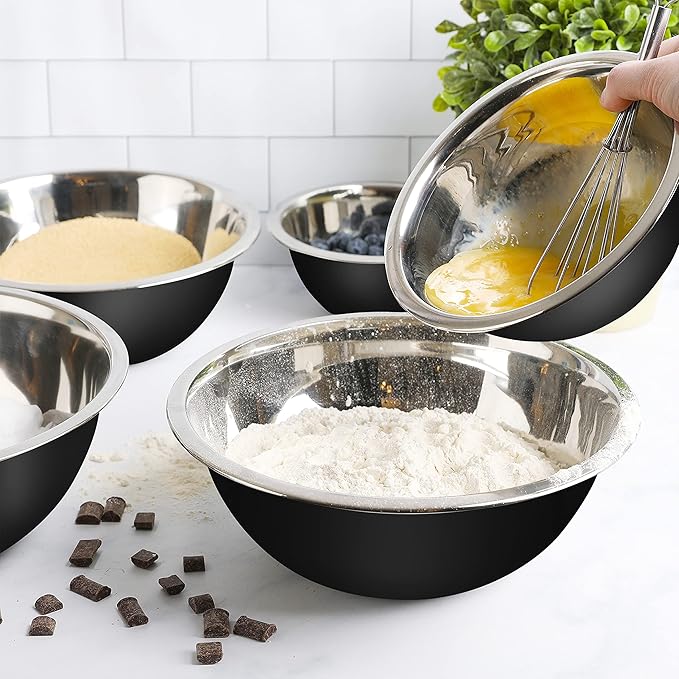 WHYSKO Meal Prep Stainless Steel Mixing Bowls Set, Home, Refrigerator, and Kitchen Food Storage Organizers | Ecofriendly, Reusable, Heavy Duty (Black)