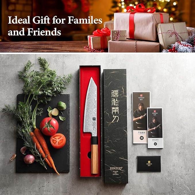 XINZUO 8.5 Inch Japanese Kiritsuke Chef Knife with Sheath, Hand Forged 67 Layers Damascus Steel Kitchen Knife, Ultra Sharp, Japanese Chopping Knife with Olive Wood Octagonal Handle