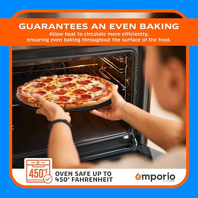 Pizza Baking Pan - 15.75-Inch Round Perforated Carbon Steel Tray with Non-Stick Coating, Dishwasher Safe, Oven Safe (Up To 450° F), Airflow Design, PFOA, PFOS, PTFE Free, Gray