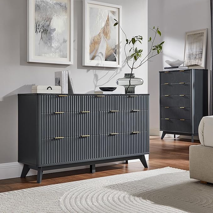 T4TREAM Fluted 7 Drawers Dresser, 54" Wide Modern Chest of Drawers with Faux Marble Top, Curved Profile Design, Dresser TV Stand, Wood Drawer Organizer for Bedroom, Living Room, Hallway, Dark Grey