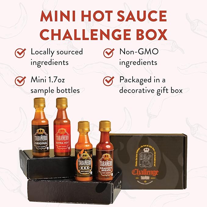 Tabañero Challenge Box, Hot Sauce Gift Set, 4 Pack, Original, Extra, XXX Hot and Dragon's Breath, 1.7 oz Mini Glass Bottles, Gluten Free, All Natural, Low Sodium, Vegan, Kosher, Made in the USA