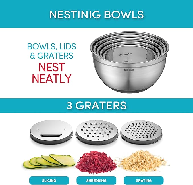 Belwares Mixing Bowls with Lids Set of 5 - Stainless Steel Nesting Bowls with Non-Slip Silicone Bottoms, Airtight Lids & 3 Grater Attachments Kitchen Baking Bowls for Food Prep & Storage (Colorful)