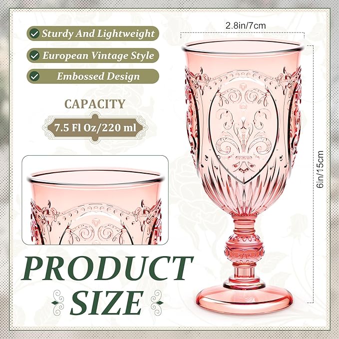 24 Pcs Plastic Goblets 7.5oz Vintage Goblet Plastic Wine Glasses Colored Retro Embossed Water Goblets for Wine Bar Juice Baby Shower Wedding Reception Grand Event Party (Pink)