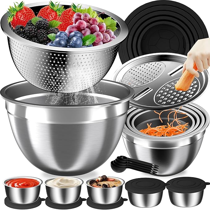 Mixing Bowls with Lids Set, 27Pcs Stainless Steel Nesting Mixing Bowls Set for Kitchen Cooking & Storage, Metal Salad Bowls with Colander, Strainer, Grater & Dressing Containers, Kitchen Gadgets Black