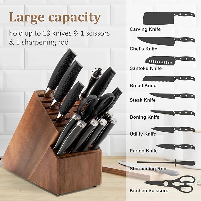 20 Slot Knife Block Storage without Knives,Acacia Wood Universal Knife Holder for Kitchen Countertop,Large Butcher Block Organizer,Easy Kitchen Knife Storage (Brown)