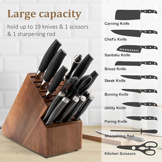 20 Slot Knife Block Storage without Knives,Acacia Wood Universal Knife Holder for Kitchen Countertop,Large Butcher Block Organizer,Easy Kitchen Knife Storage (Brown)