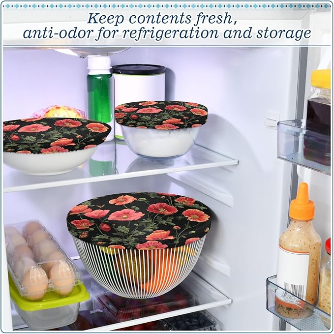 5 Pcs Bowl Covers Reusable in 5 Size Elastic Food Cover Cloth Lids Fresh Keeping Dish Cookware Bakeware Fabric Covers Lids for Food Leftovers Fruits Storage Black Poppy Butterfly