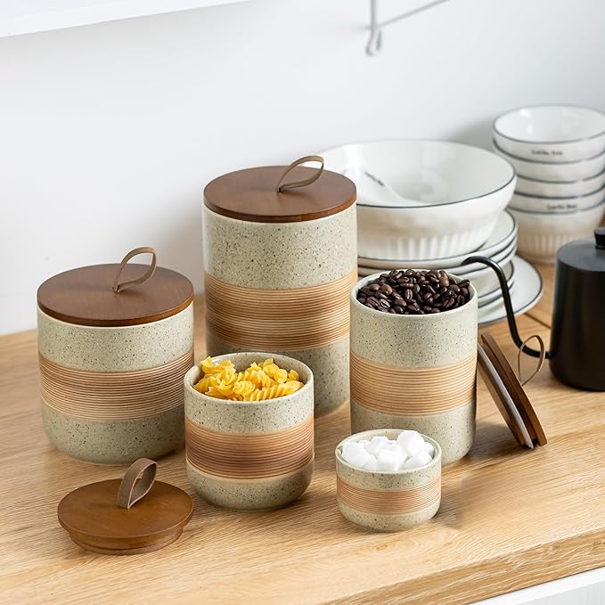 Ceramic Jar with Lid Airtight, Coffee Container Kitchen Food Storage Jars for Spice Sugar Tea Bag, Stackable Decorative Jars for Countertop, 18 fl.oz