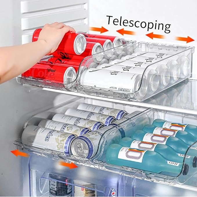 Adjustable Soda Can Dispenser for Refrigerator –Expandable Width PET Drink Organizer, Stackable Space-Saving Fridge Organizer for Cans & Bottles – 2 Pack
