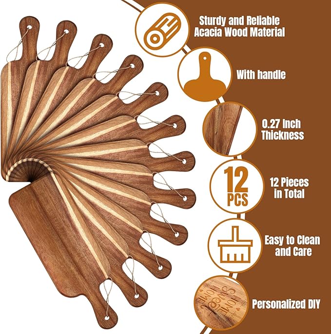 Patelai 12 Packs Wooden Cutting Board Set with Handles Large Kitchen Serving Plain Chopping Board Bulk Gifts for Mom for Vegetables Meat Pizza Cheese Fruit Bread(Acacia Wood,16 x 5 Inch)