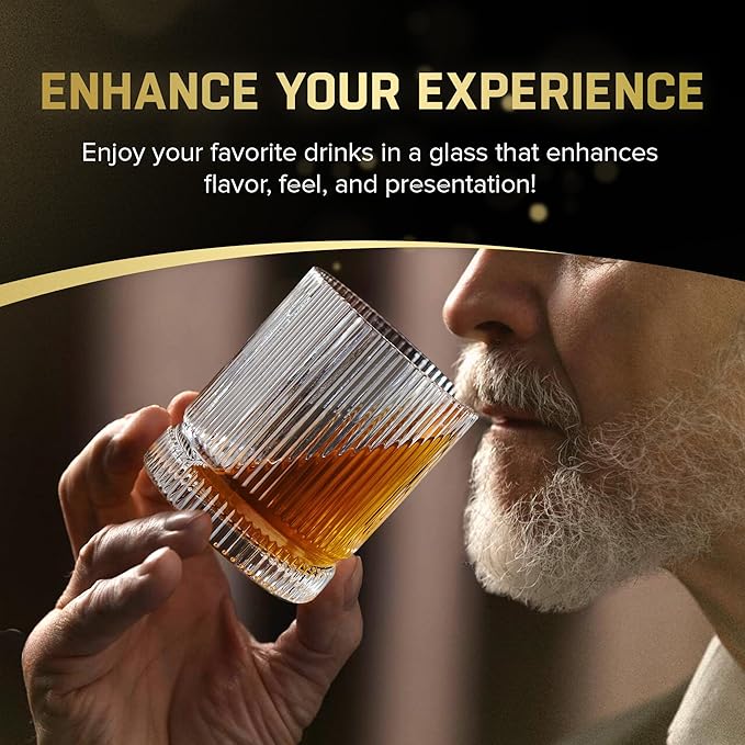 Ribbed Whiskey Glasses Set of 8, 12 Oz Lead-Free Crystal Heavy Base Barware Glass, Perfect for Bourbon Rocks Cocktail Scotch Drinking