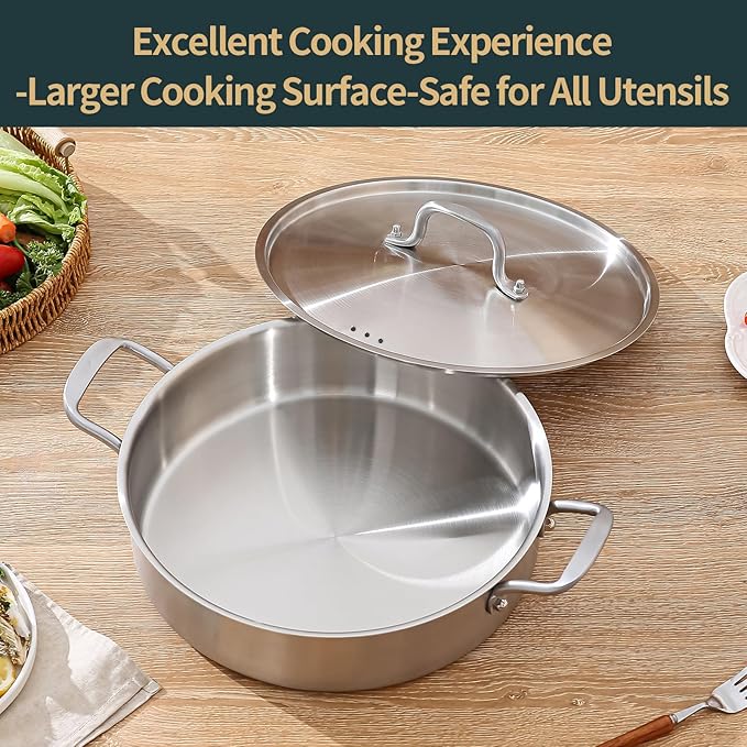 13-inch 8QT Tri-Ply Stainless Steel Sauté Pan | Large Deep Skillet with Lid | Even Heating+Jumbo Surface | Flared Edge Transfer | Non-Toxic 650°F Oven Safe