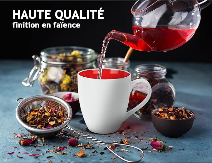 MIAMIO - Set of 6 Stoneware Coffee Mugs 12 Ounce/Cup Set - Le Papillon Collection (White-Red)