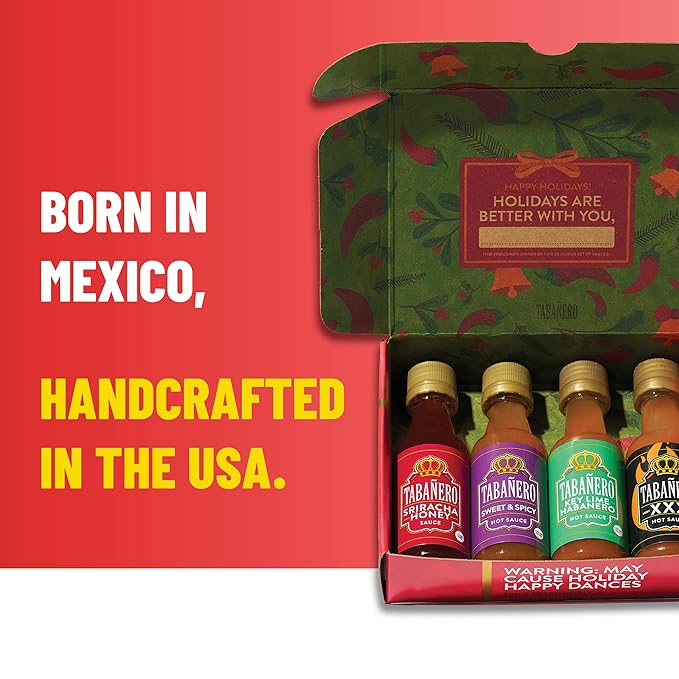 Mini Hot Sauce Gift Set by Tabañero, Holiday Gift Box with Sriracha Honey, Sweet and Spicy, Key Lime and XXX Flavors, 4-Pack, 1.7oz Hot Sauce Bottles, All Natural, Gluten Free, Low Sodium, Vegan, Kosher, Made in the USA