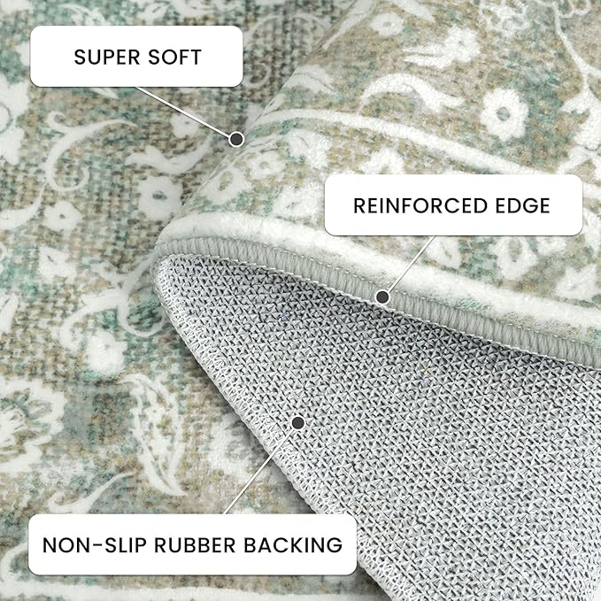 Vintage 2x7 Runner Rug, Sage Green Beige Washable Runners for hallways, Super Soft Kitchen Runner Rug Non Slip, Print Faux Wool Floral Thin Carpet Runner for Entryway Indoor Bedside Runner