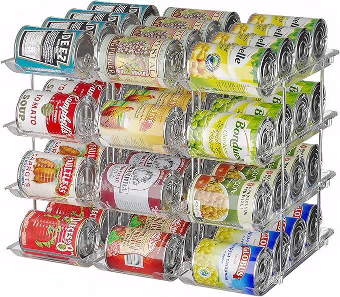 cjc 3 Sets 4 Tiers Can Organizer for Pantry, Holds 48 Cans Clear Stackable Can Organizer for Fridge, Soda Pantry Organizers and Storage Auto-Rolling & Free Combination for Countertop Kitchen Cabinet