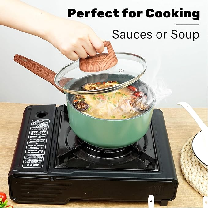 2 Quart Nonstick Saucepan with Lid, Non Stick Ceramic Saucepan Pot for Cooking with Pour Spout and Handle for Stove, Induction, Gas, Non Toxic, PFOA Free (Green with Black Inside, 1 PCS)