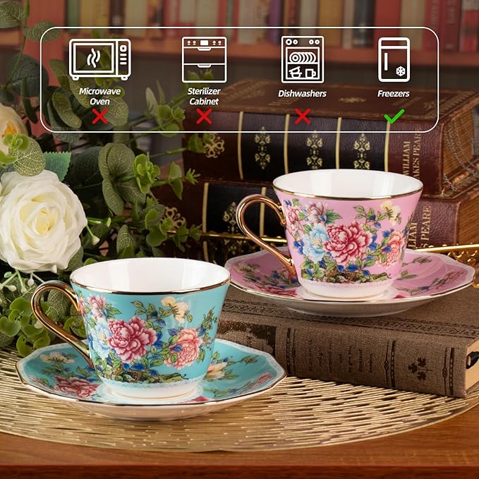 KAMMAK Porcelain Espresso Cups with Saucers, Cappuccino Cups with Saucers Set of 2, 7oz Handcrafted Ceramic Floral Coffee and Tea Cup, Vintage Drinkware for Tea Party, Holiday Gifting, Office, Gifts