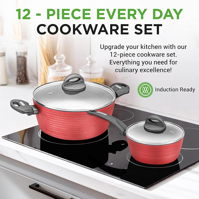 NutriChef 12-Piece Hard Anodized Nonstick Cookware Set - Induction Ready Pots & Pans with Elegant Ridge-Line Pattern, Heat-Resistant Lacquer, Red