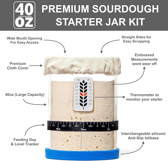 Premium Sourdough Starter Jar - 40oz Large Sourdough Jar with Marked Feeding Band, Thermometer, Scraper, Cloth Cover and Silicone Lid/Base, Wide Mouth Starter Kit - Blue