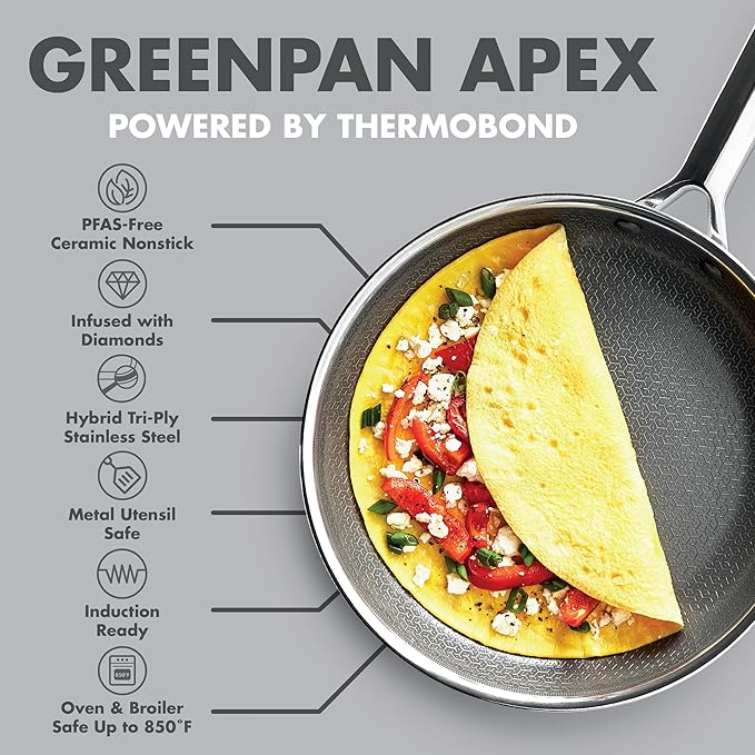 GreenPan Hybrid 8” Nonstick Stainless Steel Frying Pan, APEX Tri-Ply Thermobond PFAS-Free Ceramic Skillet, Induction & All Cooktop Compatible, Oven Temp to 850°F, Dishwasher Safe, Silver