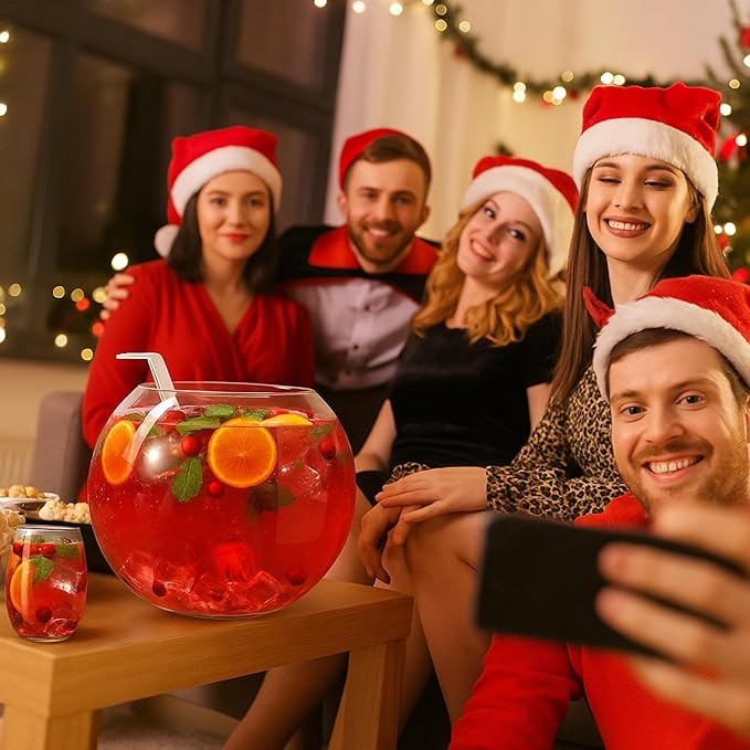 Glass Punch Bowl Set Christmas Party Bowl Set with 6 Punch Cups and Ladle Heavy Large for Parties, Holidays, Schools, Christmas for Centerpiece Table Decorations