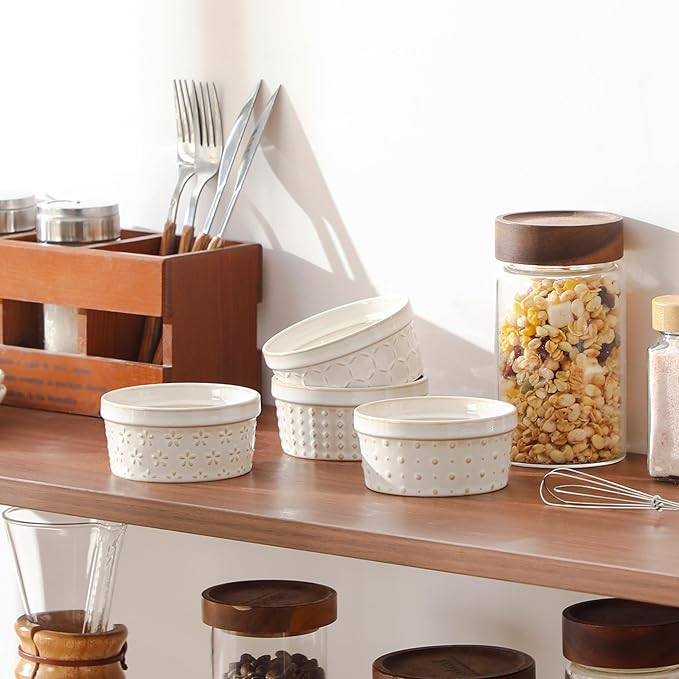 MALACASA Ramekins 4 Oz Oven Safe, Ceramic Creme Brulee Souffle Dishes, Pudding Custard Cups Ramekin For Baking, Small Dipping Sauce Bowls, Set of 4, Microwave and Dishwasher Safe, Arctic White