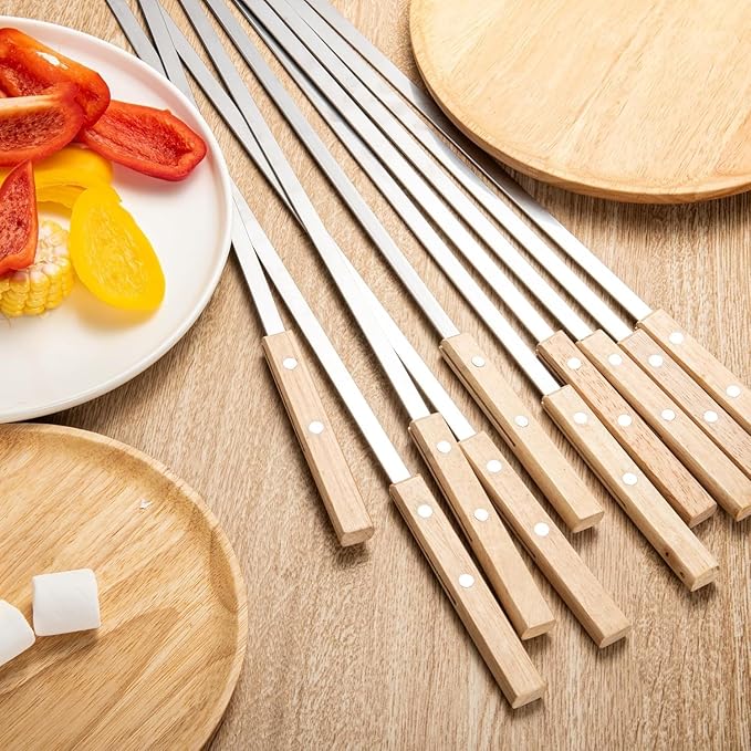 12 Pack Kebab Skewers BBQ Barbecue Skewers Stainless Steel Flat Sticks 22 Inch Heavy Duty Large Wide Reusable with Nonslip Wooden Handle Ideal for Shish Kabob Chicken Shrimp and Vegetables