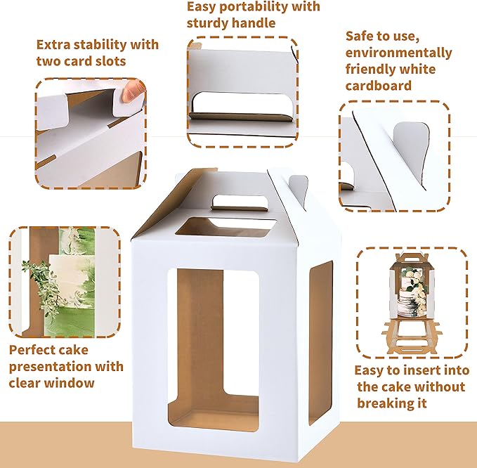 XININSUN 3 Pack Tall Cake Boxes for Tier Cake with 6 windows 12x12x14 Inch cake transport container,Bakery Take Out Transport Containers Tall Cake Carrier with Handle for Wedding, Birthday, Party