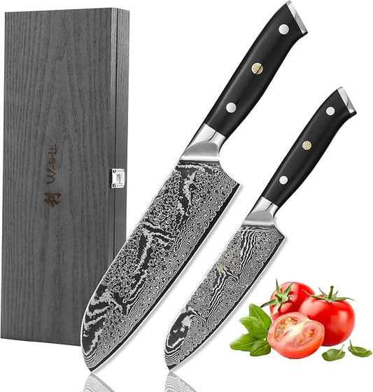 Wakoli NIT 2-Piece Kitchen Knife Set – Professional Damascus Chef Knives | 67-Layer VG10 Core Steel | Ergonomic G10 Handle | Santoku Knife & Small Santoku in Wooden Gift Box