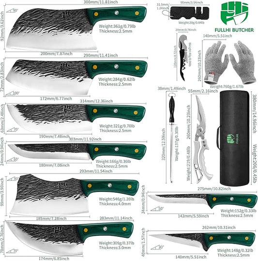FULLHI Butcher Knife Set with Kitchen Shears, Hand Forged Chef Boning Knife With Scissors High Carbon Steel For Kitchen, Camping, BBQ