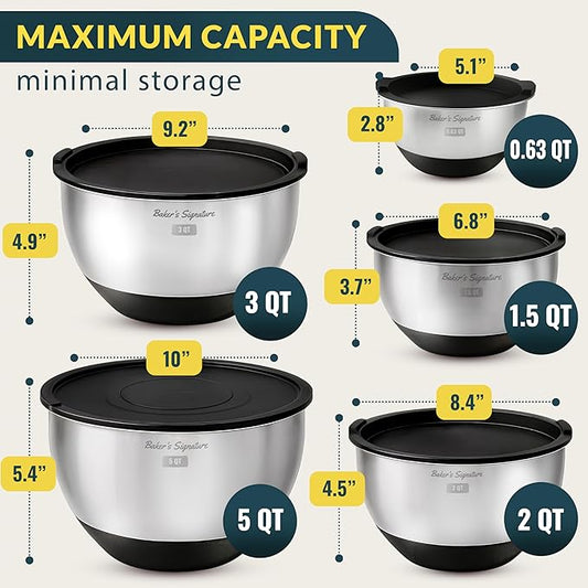 Stainless Steel Mixing Bowls with Lids Set, 5 Sizes, 3 Graters, Non-Slip Base, Airtight Lids, Metal Mixing Bowls for Kitchen, Food Prep, Storage, 0.63QT-5QT, Black