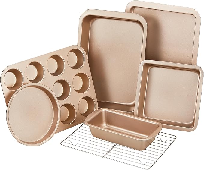 KITESSENSU Baking Pans Sets, Nonstick Bakeware Set 7-Piece with Round/Square Cake Pan, Loaf Pan, Muffin Pan, Cookie Sheet, Roast Pan, Cooling Rack & Silicone Oven Mitts, Carbon Steel Bake Set,Gold