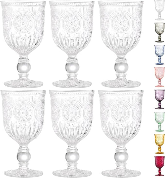 Yungala Vintage Wine Glasses,Set of 6 Glass Goblets for Water, Wine or Cocktails - Fancy Wine Glasses with a retro vibe. Sunflower Embossed Design on sturdy dishwasher-safe glasses.