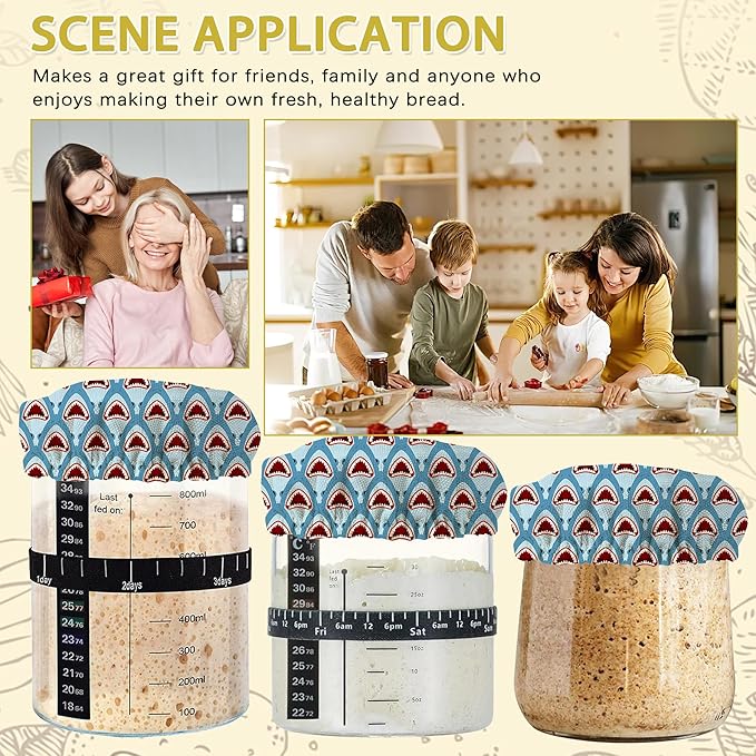Sourdough Starter Jar Covers,5-Pack Reusable Funny Shark Cloth Lids for 3-4 Inch Jars,Ideal for Kombucha Kefir or Cheese Fermentation