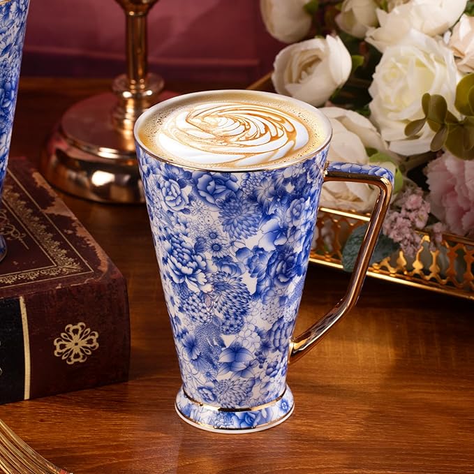 KAMMAK Ceramic Coffee Mugs 20 oz Tall Porcelain Coffee Cups Set of 2 Large Tea Mugs with Handle Vintage Tea Cups Cappuccino Mug for Latte, Espresso, Americano, breakfast cereal, Hot Cocoa, Drinks