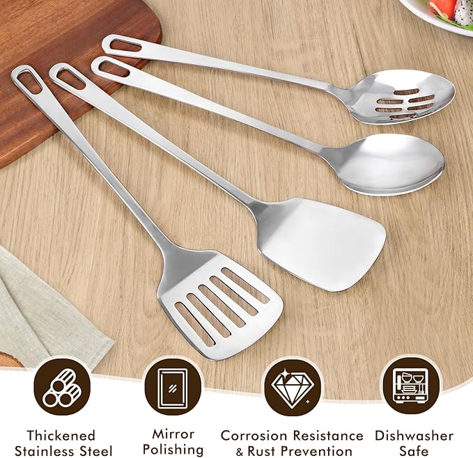 2 Pcs Spoons Cooking Utensils Set, Stainless Steel Kitchen Utensils, Heat Resistant Metal Kitchen Tools Include Solid & Slotted Serving Spoon, Ergonomic Handle, Dishwasher Safe, Easy to Clean, Silver